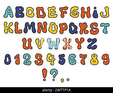 Alphabet vectoriel de style groovy. Alphabet hippie liquide vintage des années 70 sur fond blanc. Police pour l'impression sur textiles, design, papier Illustration de Vecteur