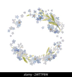 Oublie-moi pas Flower Border. Pince pour couronne fleurie Art. Bleu aquarelle fleurs Clipart. Eléments d'aquarelle dessinés à la main isolés sur blanc Banque D'Images