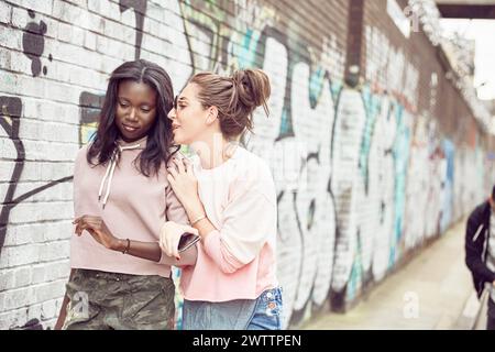 Deux femmes ayant une conversation près d'un mur de graffiti Banque D'Images
