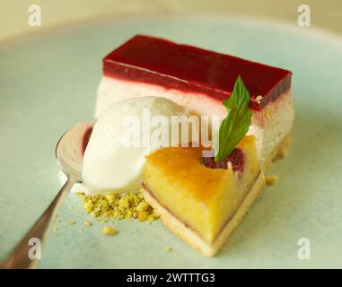Tranche de cheesecake avec une boule de crème glacée sur une assiette Banque D'Images