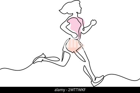 Femme Runner. Dessin continu d'une ligne. Jeune femme athlète courir sprint. Illustration de Vecteur