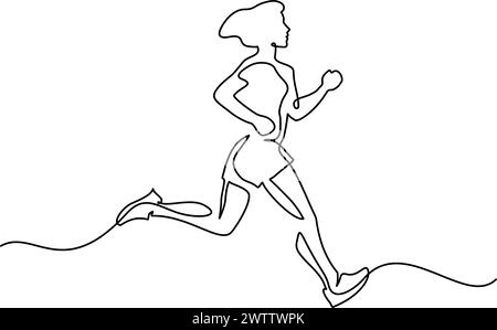 Femme Runner. Dessin continu d'une ligne. Jeune femme athlète courir sprint. Illustration de Vecteur