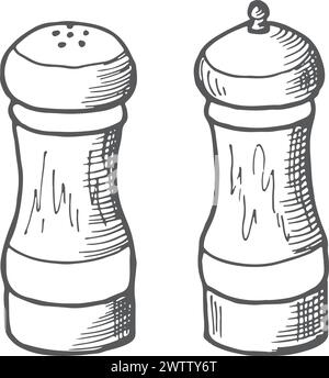 Croquis de salière et poivrière. Condiment alimentaire Illustration de Vecteur