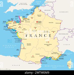 Les côtes de France, carte politique. Côtes et plages les plus importantes de France. Noms couramment utilisés et populaires des tronçons dans le tourisme. Banque D'Images