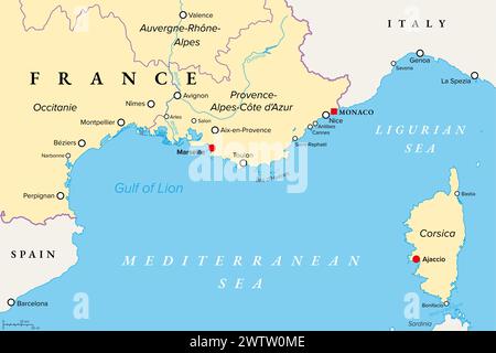 Côte sud de la France, carte politique. Partie la plus méridionale de la France, qui borde la mer Méditerranée. Occitanie, Provence, Côte d'Azur, Corse. Banque D'Images