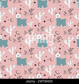 motif sans couture avec alpagas et cactus sur fond rose Illustration de Vecteur