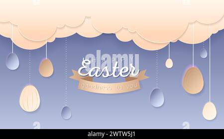 Joyeux papier peint ou bannière de jour de Pâques avec des éléments de papier découpé. Beaux objets orientaux découpés en papier. Illustration vectorielle à vendre, affichage de produit, easte Illustration de Vecteur