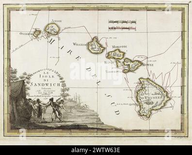 Carte d'Hawaï vintage. Carte des îles Sandwich, nom colonial d'Hawaï, d'après les découvertes de James Cook, Rome 1798. Banque D'Images