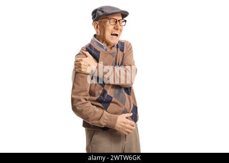 Homme âgé, soins de santé et concept de problème, senior avec douleur à l'épaule isolé sur fond blanc Banque D'Images