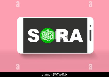 Sora ai logo générateur vidéo en ligne sur le vecteur d'écran de smartphone. Téléphone portable avec icône Sora. Sora est une intelligence artificielle du texte au géner vidéo Illustration de Vecteur