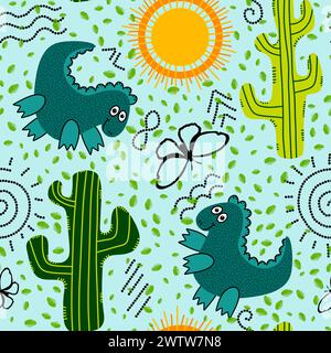 Désert d'été sans couture animaux dinosaures cactus et motif de soleil pour l'emballage du papier et des tissus et des draps et des enfants impression et emballage festif et partie Banque D'Images