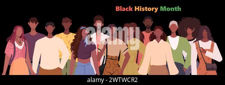 Bannière du mois de l'histoire noire. Portrait d'un groupe ethnique d'hommes et de femmes noirs africains et afro-américains isolés sur fond noir. Égalité raciale Banque D'Images