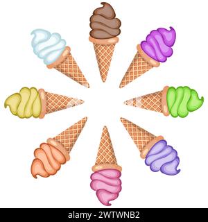 Un ensemble de crème glacée avec différentes saveurs dans des cônes gaufrés. Illustration vectorielle isolée sur fond blanc. Illustration de Vecteur