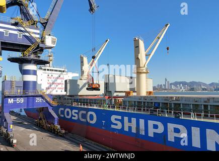 YANTAI, CHINE - 19 MARS 2024 - Une grue charge des excavatrices exportées vers le Brésil dans le cargo «Yantai - Brésil» au port de Yantai, Shandong pr Banque D'Images