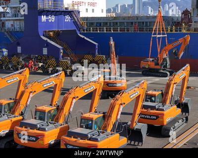 YANTAI, CHINE - 19 MARS 2024 - Une grue charge des excavatrices exportées vers le Brésil dans le cargo «Yantai - Brésil» au port de Yantai, Shandong pr Banque D'Images