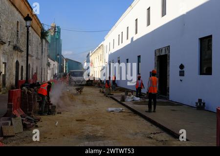 Travaux de restauration sur la rue historique Calle Las Damas. Santo Domingo. République dominicaine Banque D'Images