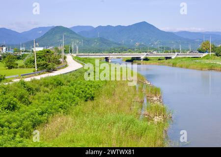 Comté de Goseong, Corée du Sud - 30 juillet 2019 : le paisible ruisseau Munam se jette gracieusement dans la mer de l'est, bordée par une végétation luxuriante sur un somme lumineux Banque D'Images