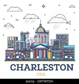 Outline Charleston West Virginia USA City Skyline avec des bâtiments modernes colorés isolés sur blanc. Illustration vectorielle. Paysage urbain de Charleston. Illustration de Vecteur