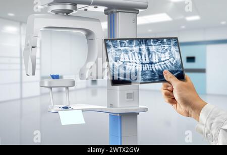 la chambre d'hôpital de rendu 3d avec le dentiste analysent le film de rayons x numérique de la machine de scanner Banque D'Images