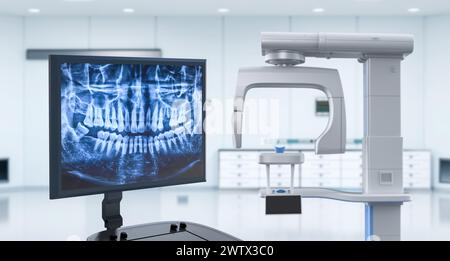film radiographique numérique de rendu 3d sur moniteur avec scanner dans le cabinet dentaire Banque D'Images