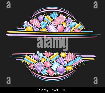 Bordure vectorielle pour Bubble Gum avec copyspace pour le texte de l'annonce, panneau de signe avec illustration de contour de différentes gommes à bulles colorées, mise en page décorative avec esprit Illustration de Vecteur