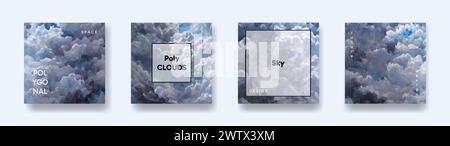 Ensemble de fonds carrés bleus abstraits poly bas, collection tendance, ciel géométrique avec des nuages, papier peint polygonal de luxe d'affaires, mode triangle Illustration de Vecteur