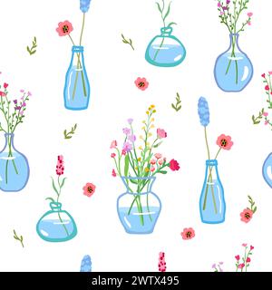 Fleurs de printemps dans des vases en verre, modèle sans couture. Tiges et branches florales fragiles, impression répétée. Plantes en floraison estivale. Fond sans fin pour l'emballage et le textile, le tissu et le papier peint. Illustration vectorielle de dessin à la main Illustration de Vecteur