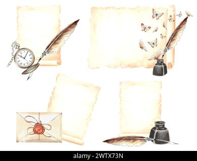 Ensemble de fournitures d'écriture vintage. Papier parchemin et enveloppe, plume et encrier, montre de poche, papillon. Illustration d'aquarelle dessinée à la main le Banque D'Images