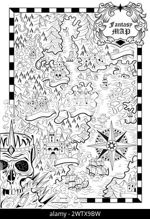 Carte fantaisie d'art au trait avec des terres inconnues, des navires, le crâne, la boussole et les créatures pour la page de coloriage. Aventures de pirates, chasse au trésor et vieux transports Illustration de Vecteur