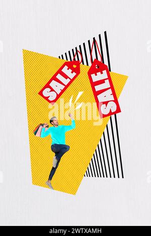 Image de collage composite du concept d'achat de vente excité drôle homme ecommerce téléphone mobile fantastique panneau d'affichage comics zine minimal Banque D'Images
