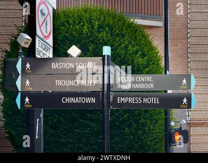 Un panneau de rue à Victoria indiquant la direction et listant la distance de marche vers les destinations touristiques populaires. Banque D'Images