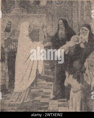 Carte sacrée vintage sur les sept douleurs de la Bienheureuse Vierge Marie. First Sorrow - The Prophecy of Simeon 1900's .Additional-Rights-clearences-not available. Banque D'Images