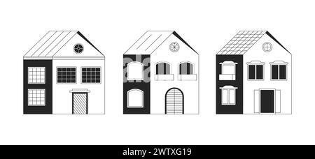 Trois maisons contemporaines noir et blanc ligne 2D objets de dessin animé ensemble Illustration de Vecteur