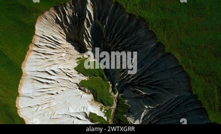 Végétation verte contrastée et pic de montagne pierreux blanc. Agrafe. Vue aérienne de dessus d'un chef-d'œuvre magnifique de la nature. Banque D'Images