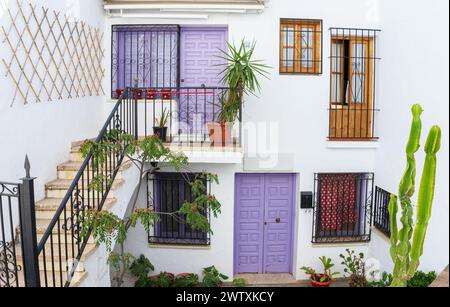 Façade typique des maisons blanches de Frigiliana, portes colorées décorées de plantes. Maisons situées dans l'un des plus beaux villages d'Espagne. Banque D'Images