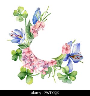 Couronne avec hortensia rose et illustration aquarelle trèfle isolé sur blanc. Cadre de fleurs de safran peintes. Symbole irlandais dessiné à la main. Conception pour St. Banque D'Images