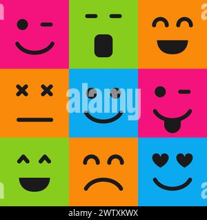 Ensemble de neuf émoticônes colorées. Icône emoji en carré. Motif d'arrière-plan déplié. Illustration vectorielle Illustration de Vecteur