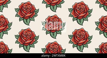 Élégant motif sans couture de roses rouges stylisées avec des feuilles vertes sur un fond beige. Fond de motif rose dessiné à la main sans couture. Pour textile, mur Illustration de Vecteur