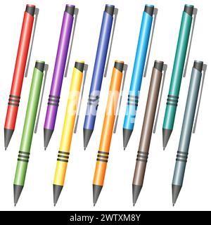 Ensemble de stylos multicolores sur un fond blanc Illustration de Vecteur