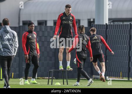 Tubize, Belgique. 20 mars 2024. Le belge Thomas Meunier photographié lors d'une séance d'entraînement de l'équipe nationale belge de football Red Devils, au centre d'entraînement de la Royal Belgian Football Association, à Tubize, mercredi 20 mars 2024. L'équipe se prépare pour deux matchs amicaux, contre l'Irlande et l'Angleterre, en prévision des Championnats d'Europe 2024. BELGA PHOTO BRUNO FAHY crédit : Belga News Agency/Alamy Live News Banque D'Images