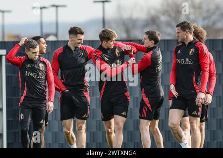 Tubize, Belgique. 20 mars 2024. Les belges Leandro Trossard, Youri Tielemans, Thomas Meunier, Charles de Ketelaere, Timothy Castagne et Jan Vertonghen photographiés lors d'une séance d'entraînement de l'équipe nationale belge de football Red Devils, au centre d'entraînement de la Royal Belgian Football Association, à Tubize, le mercredi 20 mars 2024. L'équipe se prépare pour deux matchs amicaux, contre l'Irlande et l'Angleterre, en prévision des Championnats d'Europe 2024. BELGA PHOTO BRUNO FAHY crédit : Belga News Agency/Alamy Live News Banque D'Images