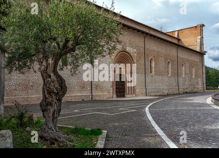 Sur le mur gauche de la basilique Santa Maria di Collemaggio se trouve le portail monumental connu sous le nom de Porta Santa. L'Aquila, Abruzzes, Italie, Europe Banque D'Images