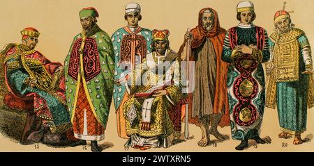 Byzantins, 1000-1200. De gauche à droite, 15 : empereur, 16 : assistant de cour, 17 : costume de prélat, 18 : homme solitaire qui habitait dans les déserts, 19 : assistant de cour, 20 : costume royal. Empereur des temps tardifs. Chromolithographie. Historia Universal, de César Cantú. Volume V, 1884. Banque D'Images