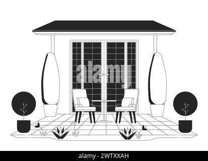 Maison meubles terrasse objet de dessin animé ligne 2D noir et blanc Illustration de Vecteur