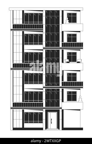 Condominium multi-étages noir et blanc ligne 2D objet de dessin animé Illustration de Vecteur