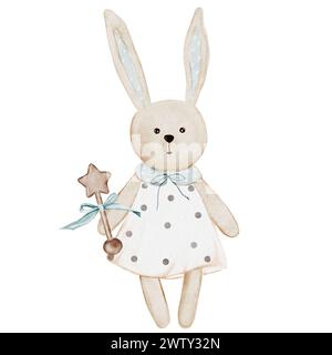 Jouet pour bébé. Dessin à la main de lapin aquarelle sur un fond isolé blanc. Lièvre en peluche rétro pour les jeux d'enfants dans une robe avec un hochet. Pour la conception Banque D'Images