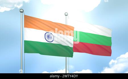 Drapeau 3D de l'Inde et de la Bulgarie sur Blue Sky avec Sun Shine Banque D'Images