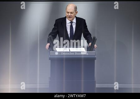 OLAF Scholz, Bundeskanzler, aufgenommen im Rahmen der Regierungserklaerung zum Europaeischen rat. Berlin, 20.03.2024. Berlin Deutschland *** Olaf Scholz, chancelier fédéral, enregistré dans le cadre de la déclaration du gouvernement sur le Conseil européen Berlin, 20 03 2024 Berlin Allemagne Copyright : xx Banque D'Images