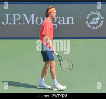 Dubaï, le 29 février 2024 - photo du russe Andrey Rublev s'entraînant avant le match plus tard dans la journée. Dubaï Duty Free Tennis Championships 2024, Banque D'Images