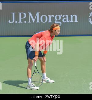 Dubaï, le 29 février 2024 - photo du russe Andrey Rublev s'entraînant avant le match plus tard dans la journée. Dubaï Duty Free Tennis Championships 2024, Banque D'Images